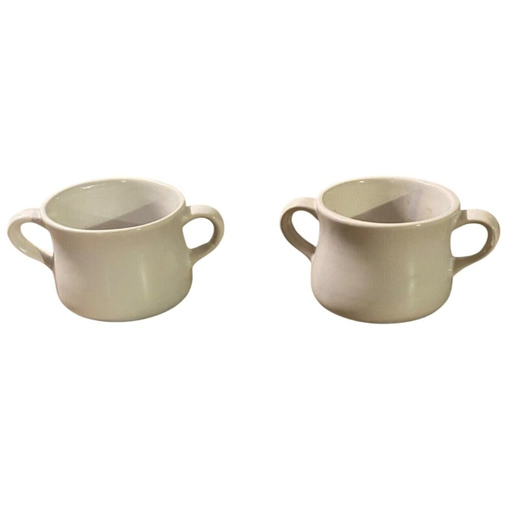 McCoy USA White Ceramic Double Handle Soup Bowls Vintage Set 16oz Kitchenware